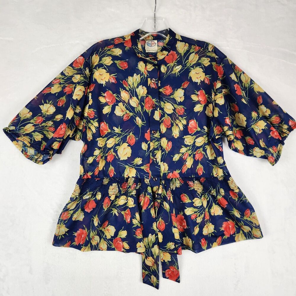 Vintage Land N Sea Blouse Women's‎ Size 36 Medium Sheer Floral Shirt Button Down